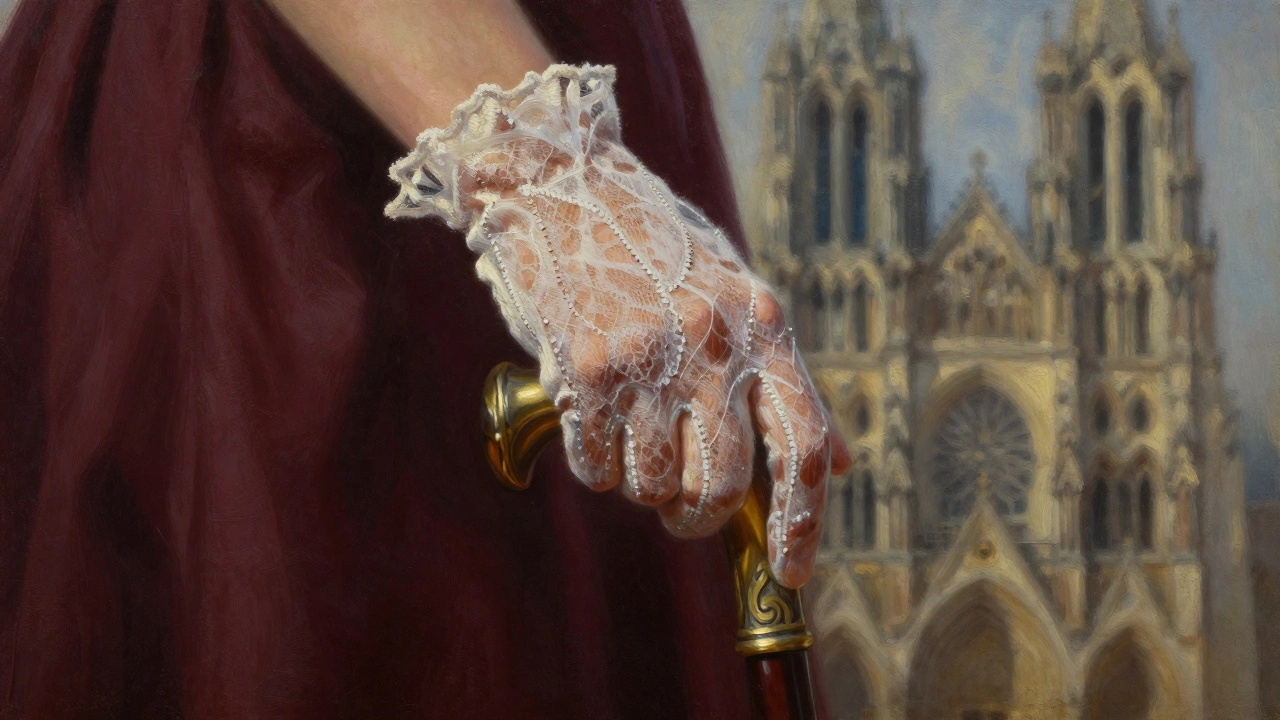 Close-up of an escort&#039;s hand holding a carved cane with delicate lace gloves, metallic thread embroidery visible.