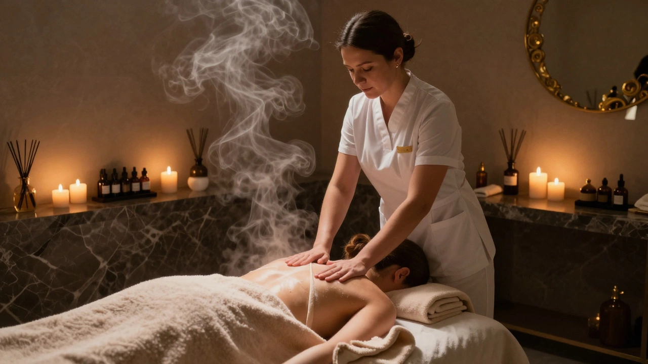 Professional spa setting with therapist giving a massage, calm and clean interior, no explicit content.