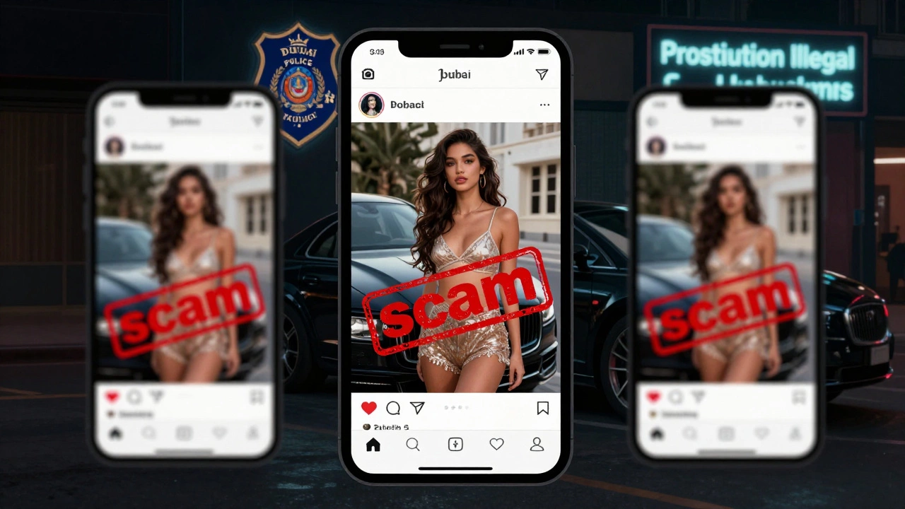 Smartphone showing fake escort ads with scam warnings, overlaid with Dubai police insignia.