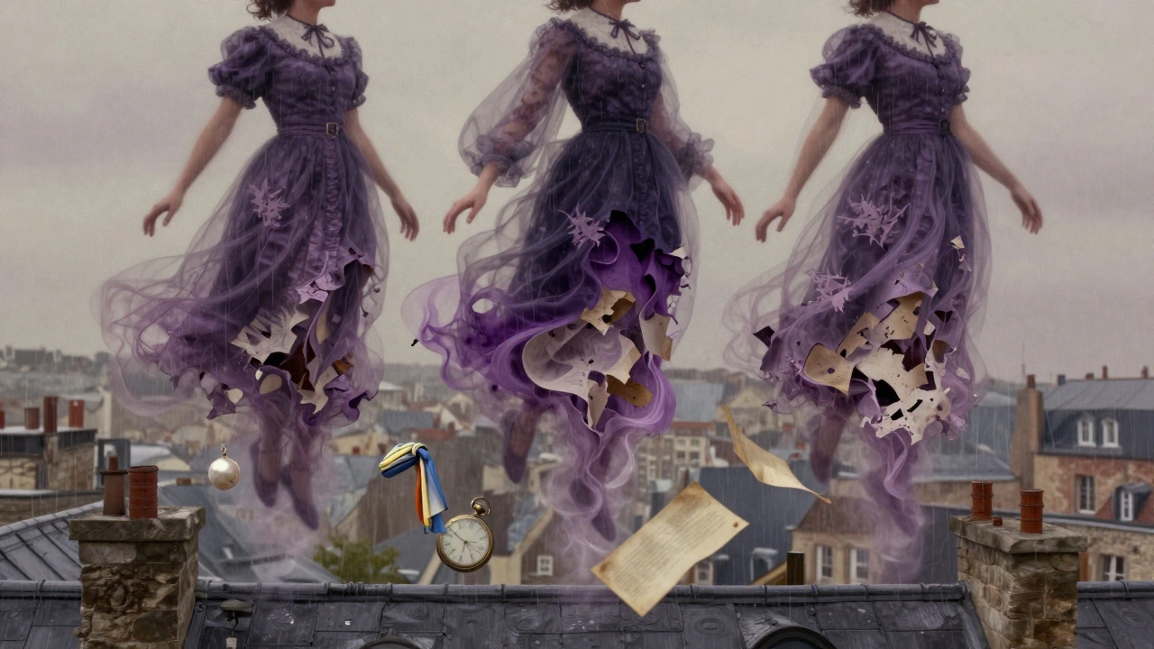 Three ghostly escort figures above Reims, their garments transforming into scents of violets, paper, and rain.